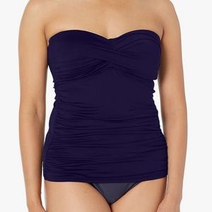 ANNE COLE Navy Blue Twist Front strapless Shirred Bandeau Tankini Swim Top NWT